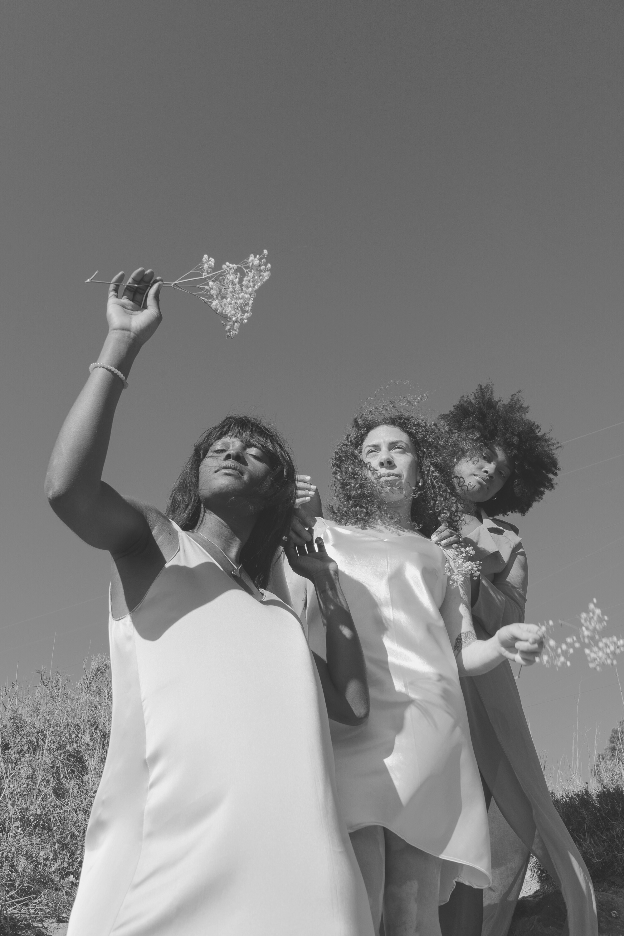 Women Holding Flowers on a Clear Day Outdoors